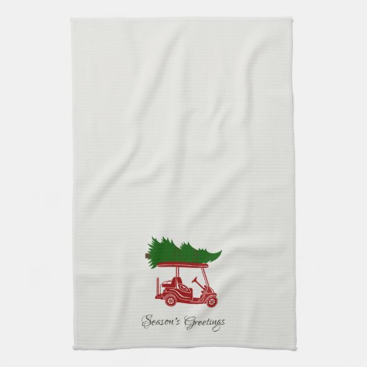 Rode golfkar met kerstboom | alabast theedoek (Verticaal)