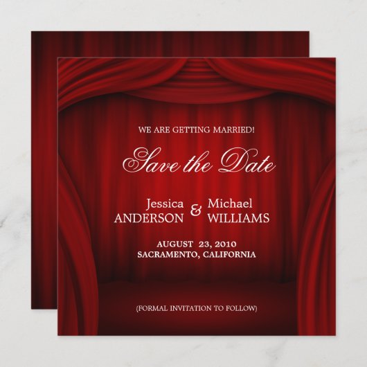 Rode gordijn Save the Date aankondiging (Voorkant / Achterkant)