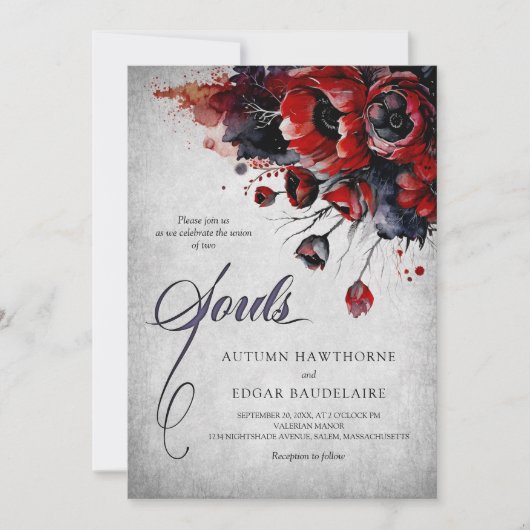 Rode Gotische Bloemen Bruiloft Kaart (Voorkant)