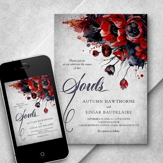 Rode Gotische Bloemen Bruiloft Kaart