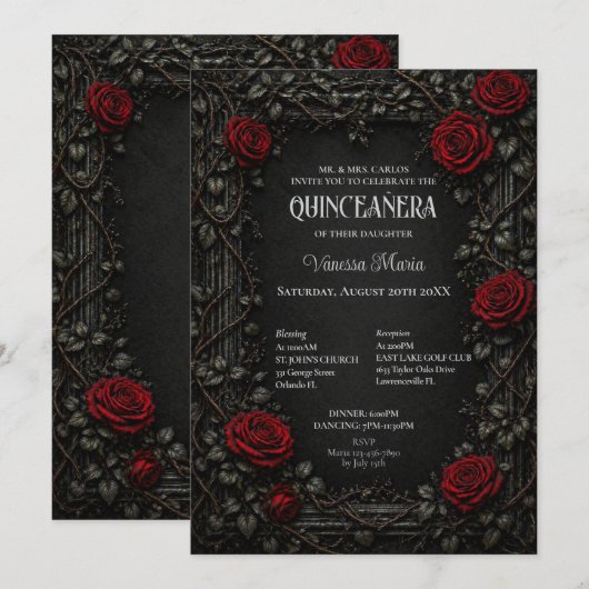 Rode Gotische Halloween Bloem Quinceanera Uitnodig Kaart (Voorkant / Achterkant)