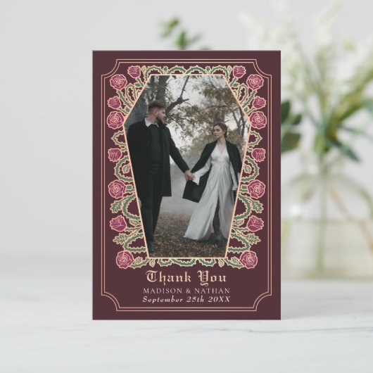 Rode Gotische Kist Roos bruiloft Dank u kaart (Staand voorkant)