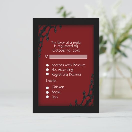 Rode gotische RSVP met menuoptie (Staand voorkant)