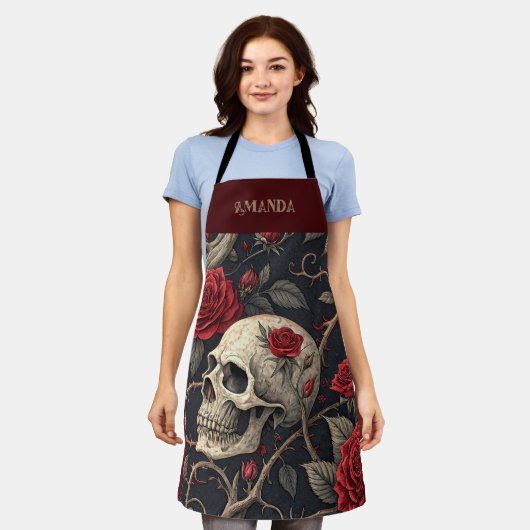 Rode Gotische schedel Rozen Schort (Gedragen)