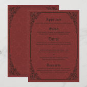 Rode Gotische Victoriaans Damask Bruiloft Menu Kaa (Voorkant / Achterkant)