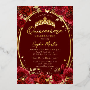 Rode Goud Boeiende Bloem Vlinder Quinceanera Folie Uitnodiging