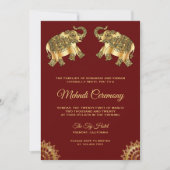 Rode Goud Olifanten Indiase Henna Mehndi Ceremonie Kaart (Voorkant)