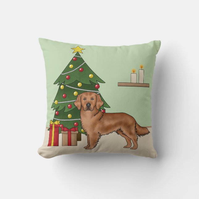 Rode Goud Retriever Hond Met Kerstboom Kussen (Voorkant)