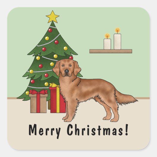 Rode Goud Retriever Hond Met Kerstboom Vierkante Sticker (Voorkant)