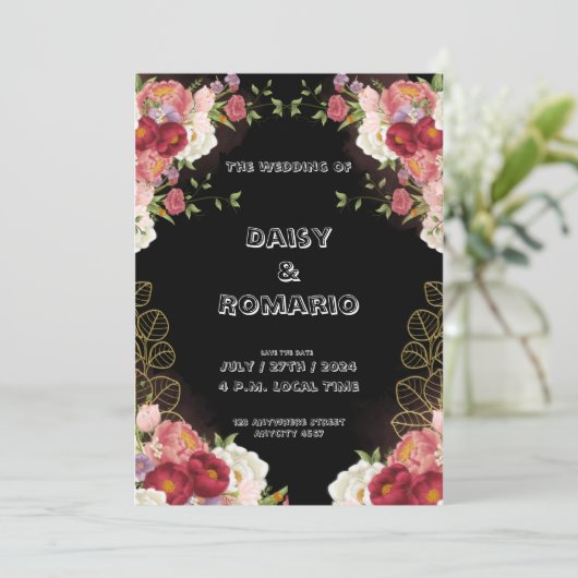 Rode Goud Waterverf Bloemen Uitnodiging (Staand voorkant)