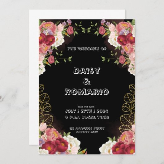 Rode Goud Waterverf Bloemen Uitnodiging (Voorkant / Achterkant)