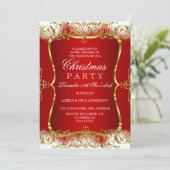 Rode Goud Witte Damast Kerstfeest Uitnodiging (Staand voorkant)
