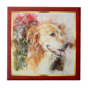Rode & Gouden Abstracte Hondenuitprint met Lijst Tegeltje