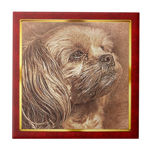 Rode & Gouden Abstracte Hondprint met Lijst Tegeltje (Voorkant)