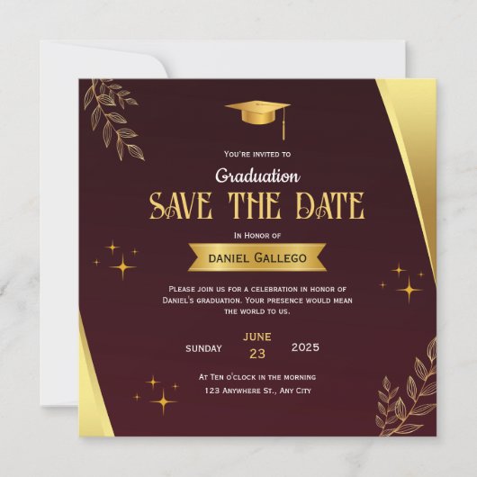 Rode Gouden Afstudeerkaart 'Save the Date' Save The Date (Voorkant)