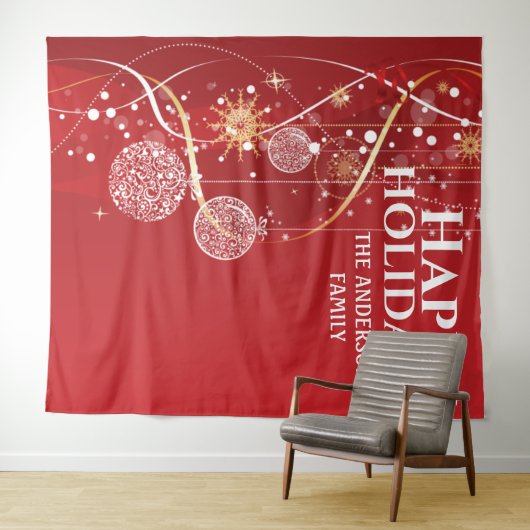 Rode gouden ballen sneeuwvlokken met kerstavond wandkleed (In Situ (horizontaal))