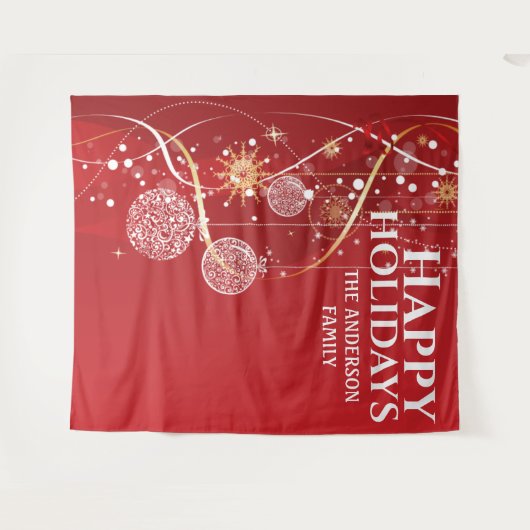 Rode gouden ballen sneeuwvlokken met kerstavond wandkleed (Voorkant (horizontaal))