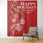 Rode gouden ballen sneeuwvlokken met kerstavond wandkleed (In situ)