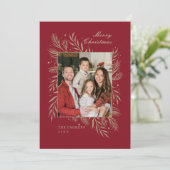 Rode Gouden Bladeren Familie Fotolijst Kerstkaart (Staand voorkant)