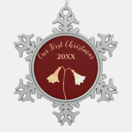 Rode Gouden Bloem Paar's Eerste Kerstmis Tin Sneeuwvlok Ornament