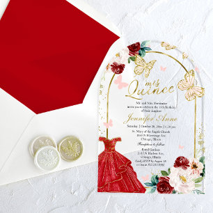 Rode Gouden Bloem Vlinder Quinceañera  Acryl Uitnodigingen