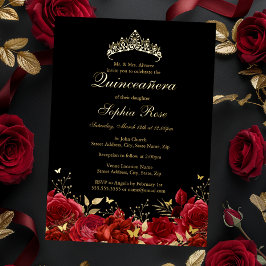 Rode Gouden Bloem Vlinder Tiara Quinceanera Folie Uitnodiging