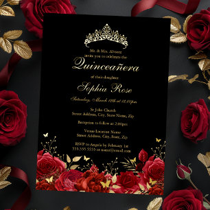 Rode Gouden Bloem Vlinder Tiara Quinceanera Folie Uitnodiging