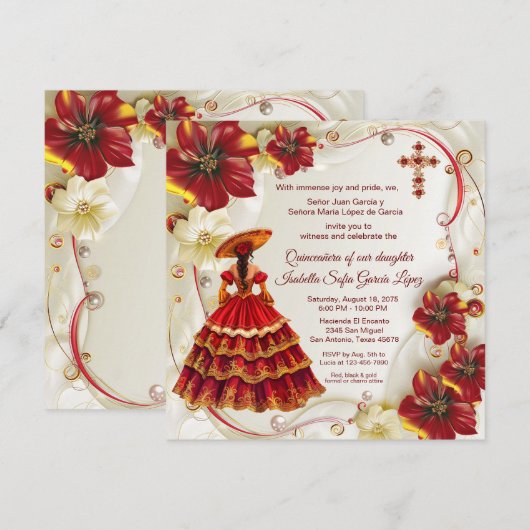 Rode Gouden Bloemen Charra Quinceanera Kaart (Voorkant / Achterkant)