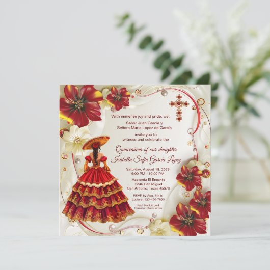 Rode Gouden Bloemen Charra Quinceanera Kaart (Staand voorkant)