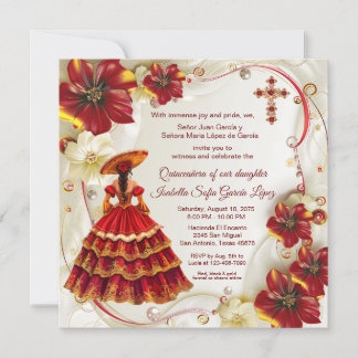 Rode Gouden Bloemen Charra Quinceanera Kaart