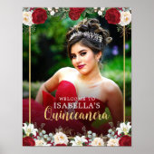 Rode Gouden Bloemen Foto Quinceañera Welkomstbord Poster (Voorkant)