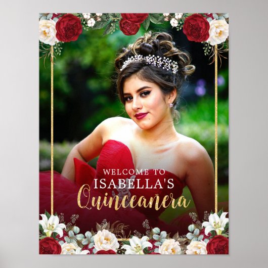 Rode Gouden Bloemen Foto Quinceañera Welkomstbord Poster (Voorkant)