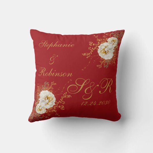 Rode gouden bloemen Logo bruiloft Kussen (Achterkant)