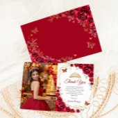 Rode Gouden Bloemen Quinceanera Foto Bedankkaart