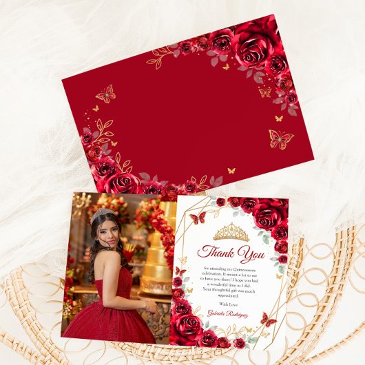 Rode Gouden Bloemen Quinceanera Foto Bedankkaart