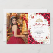 Rode Gouden Bloemen Quinceanera Foto Bedankkaart (Voorkant)