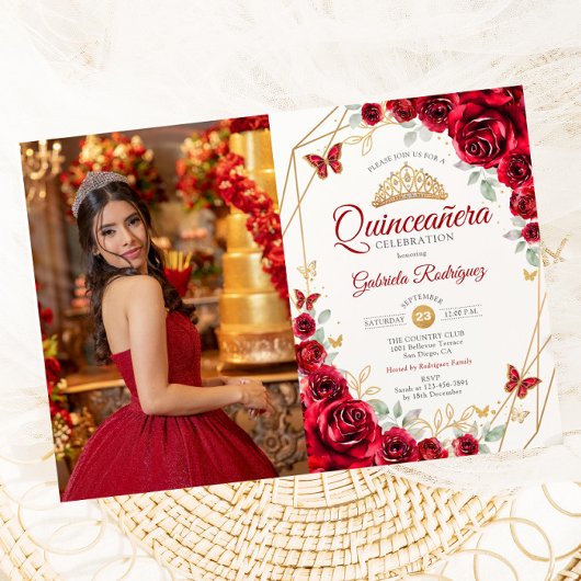 Rode Gouden Bloemen Quinceanera Foto Kaart