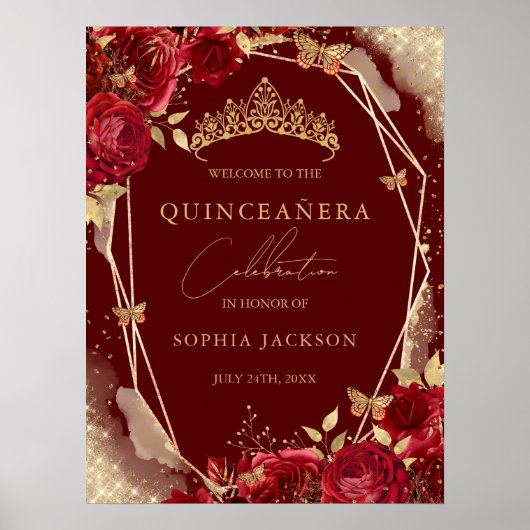 Rode Gouden Bloemen Roos Quinceanera teken Welkom Poster (Voorkant)