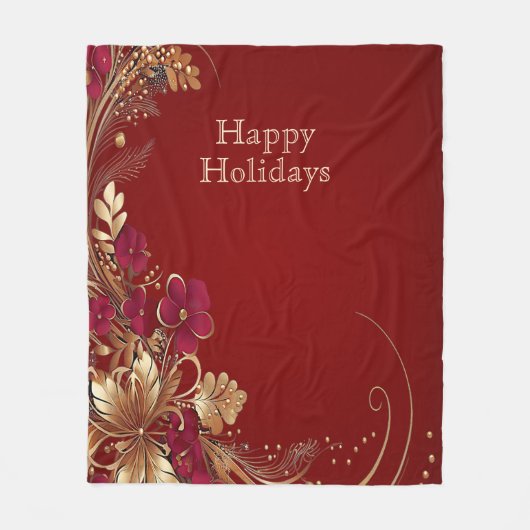 Rode Gouden Bloemen Vakantie Fleece Deken (Voorkant)