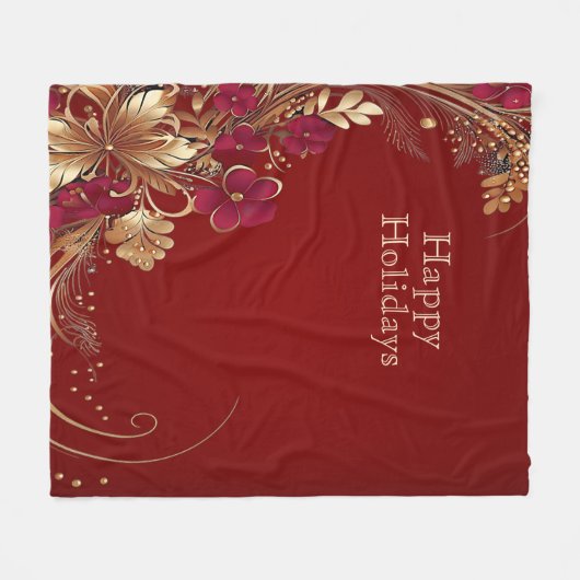 Rode Gouden Bloemen Vakantie Fleece Deken (Voorkant (Horizontaal))