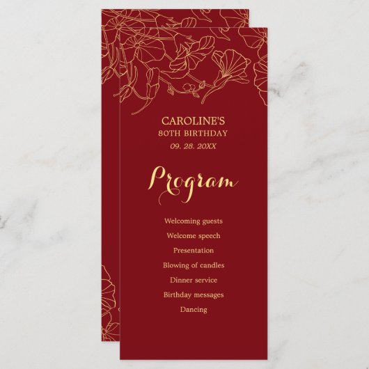 Rode Gouden Bloemen Verjaardagsprogramma Programmakaart (Voorkant / Achterkant)