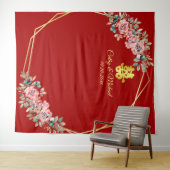 Rode gouden bloemenkrans Chinese bruiloft achtergr Wandkleed (In Situ (horizontaal))