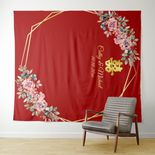 Rode gouden bloemenkrans Chinese bruiloft achtergr Wandkleed (In Situ (horizontaal))