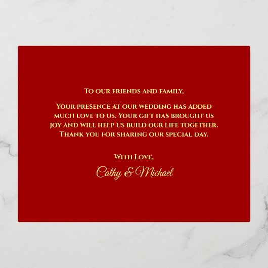 Rode gouden bloemenkrans Chinese bruiloft dank u Folie Uitnodiging Briefkaart (Achterkant)