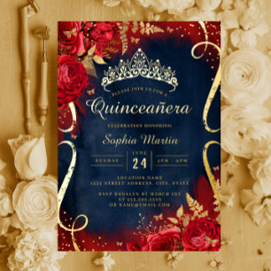 Rode Gouden Bloemenscherm Navy Quinceanera Folie Uitnodiging