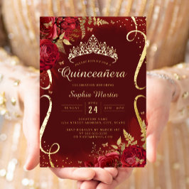 Rode Gouden Bloemenscherm Quinceanera  Folie Uitnodiging