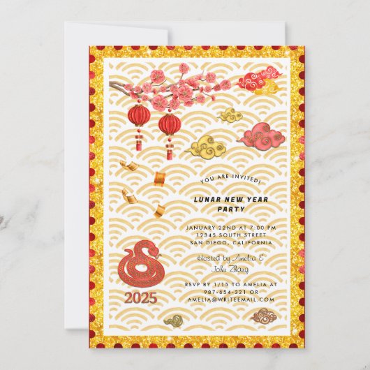 Rode Gouden Bloemenslang 2025 Chinees Nieuwjaarsfe Kaart (Achterkant)
