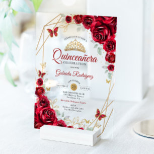 Rode Gouden Bloemige Quinceanera Acryl Uitnodigingen