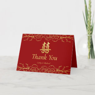 Rode gouden bloemrand Chinese bruiloft Bedankkaart