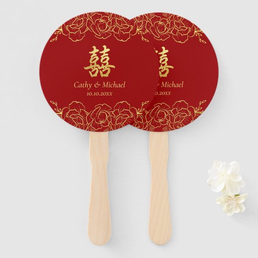 Rode gouden bloemrand chinese huwelijks dubbele xi handwaaier (Voorkant en achterkant)